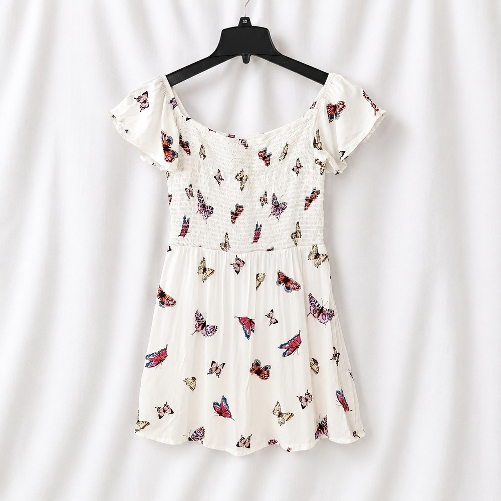 Love Fire Womens M Butterfly‎ Print Smocked Dress White Cottagecore Boho Mini